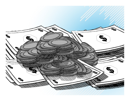 Poker chips with a pile of cash on top