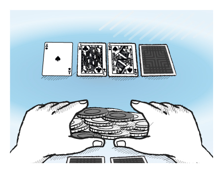 Poker player about to bet with poker chips in hand